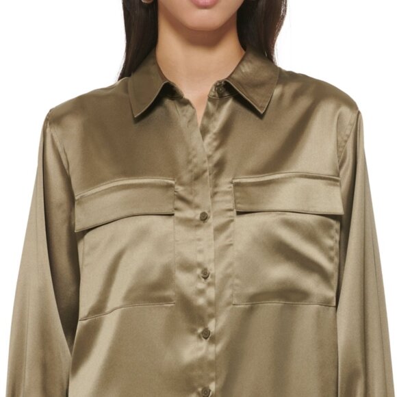 DKNY Satin Tunic Shirt Light Fatigue Green M NWT Oversized Utility Button Down - Picture 3 of 5